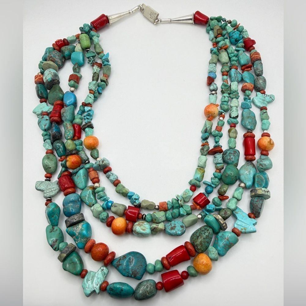 AMAZING ~20" 5 strands of Coral, Silver, TURQUOISE beads w/ VTG 925 TAXCO clasp! - Picture 3 of 13